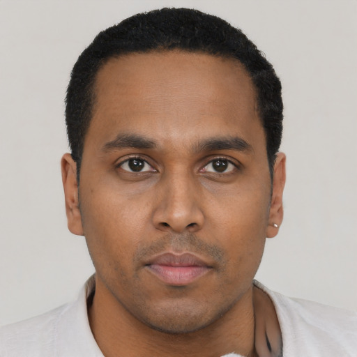 Neutral black young-adult male with short  black hair and brown eyes