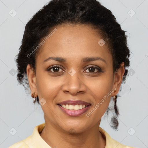 Joyful latino young-adult female with short  brown hair and brown eyes