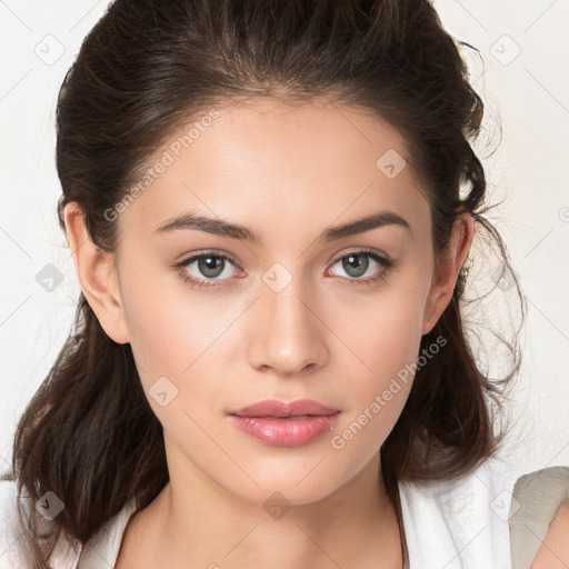 Neutral white young-adult female with medium  brown hair and brown eyes