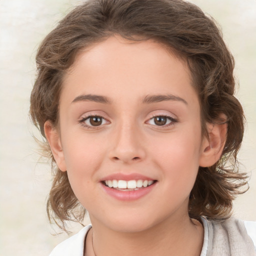 Joyful white child female with medium  brown hair and brown eyes