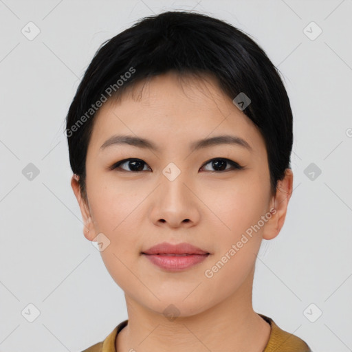 Neutral asian young-adult female with short  black hair and brown eyes