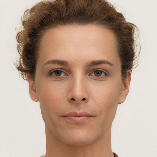 Neutral white young-adult female with short  brown hair and brown eyes