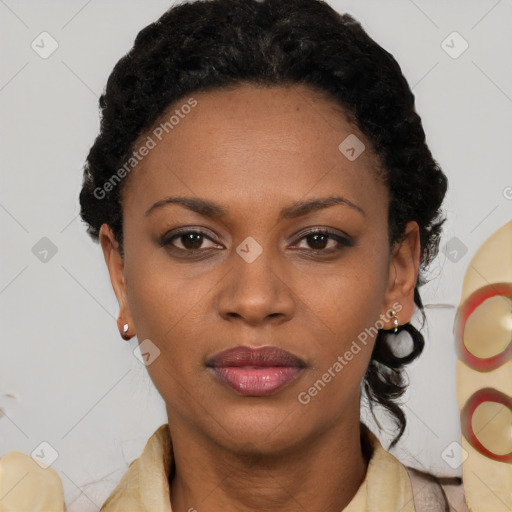 Neutral black young-adult female with short  black hair and brown eyes