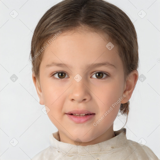 Joyful white child female with short  brown hair and brown eyes