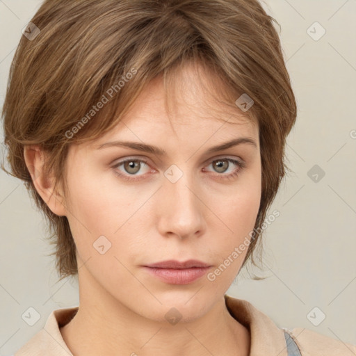 Neutral white young-adult female with medium  brown hair and green eyes