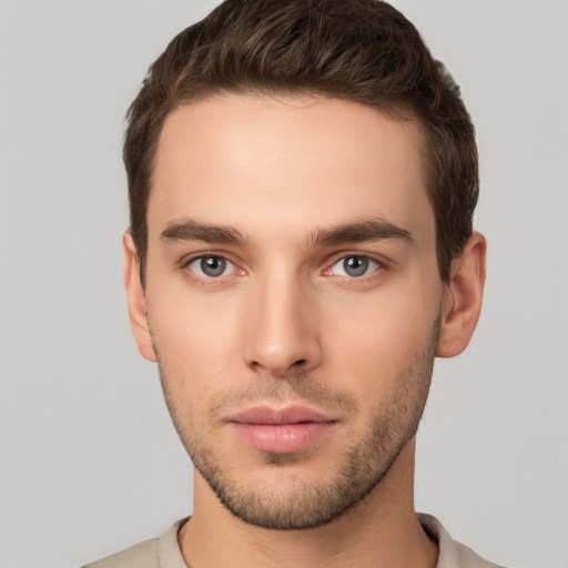 Neutral white young-adult male with short  brown hair and brown eyes