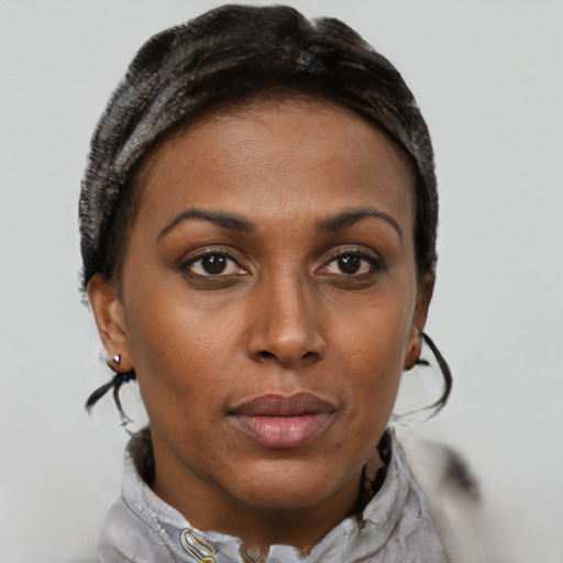 Joyful black adult female with short  brown hair and brown eyes