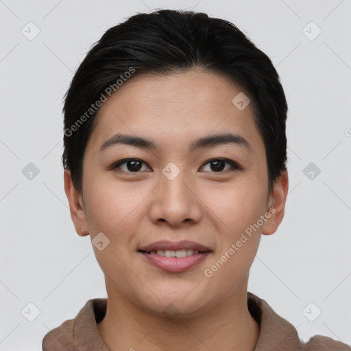 Joyful asian young-adult female with short  brown hair and brown eyes