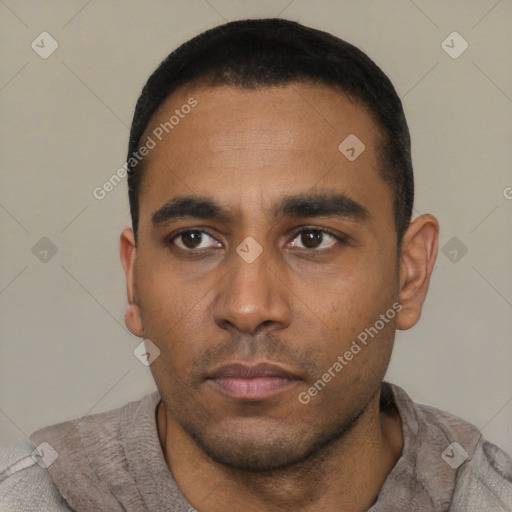 Neutral latino young-adult male with short  black hair and brown eyes
