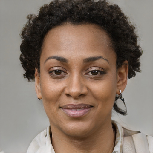 Joyful black adult female with short  brown hair and brown eyes