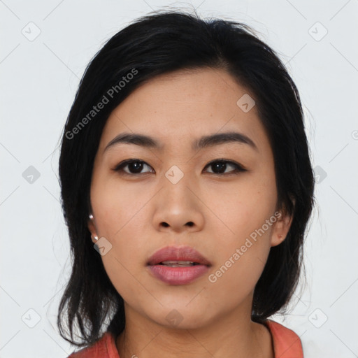 Neutral asian young-adult female with medium  black hair and brown eyes