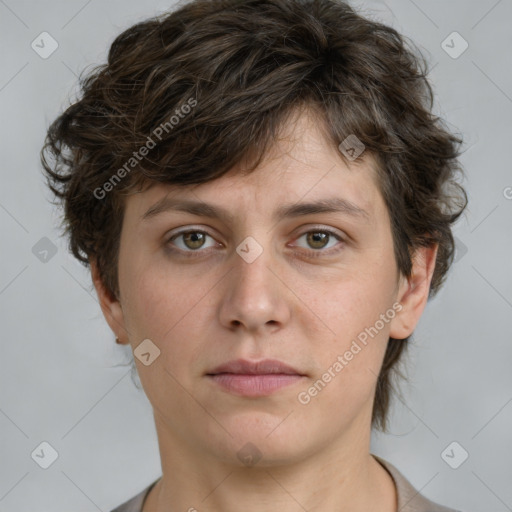 Neutral white young-adult female with medium  brown hair and brown eyes