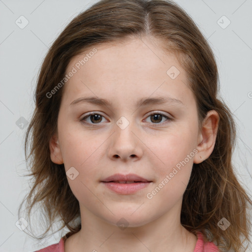 Joyful white child female with medium  brown hair and brown eyes