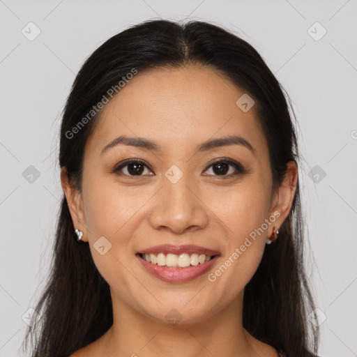 Joyful asian young-adult female with long  brown hair and brown eyes