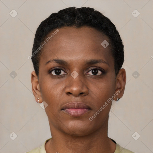 Neutral black young-adult female with short  black hair and brown eyes