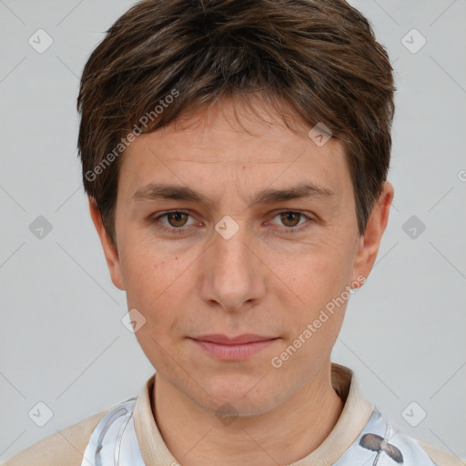 Neutral white young-adult male with short  brown hair and brown eyes