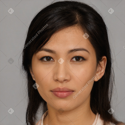 Neutral asian young-adult female with medium  black hair and brown eyes