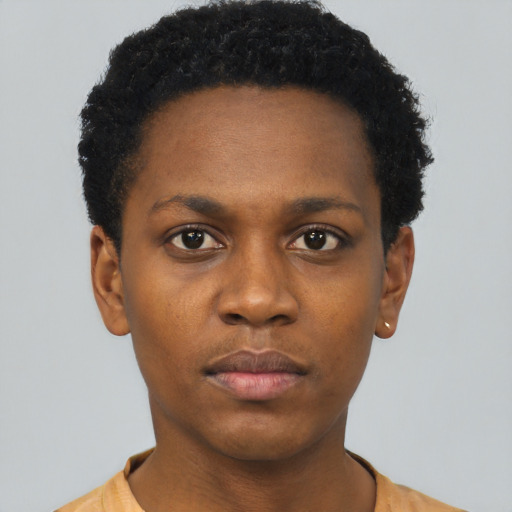 Neutral black young-adult female with short  black hair and brown eyes