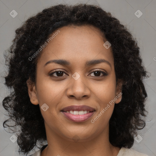 Joyful black young-adult female with long  brown hair and brown eyes