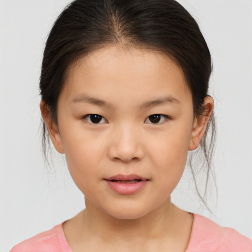 Joyful white child female with medium  brown hair and brown eyes