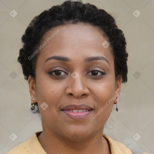 Joyful latino young-adult female with short  brown hair and brown eyes