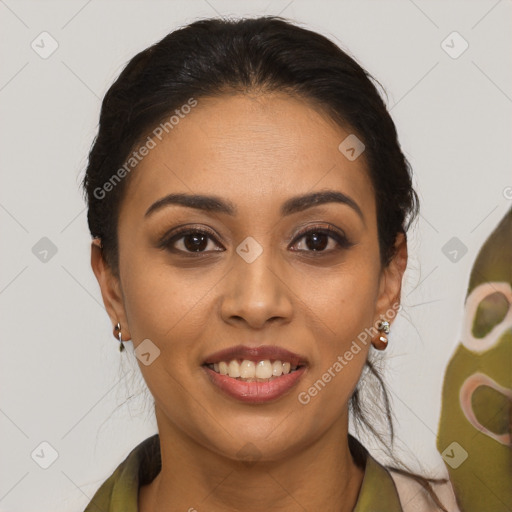 Joyful latino young-adult female with medium  brown hair and brown eyes