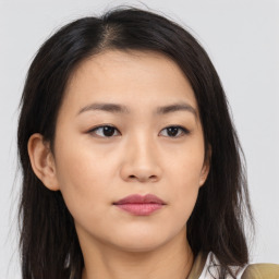 Neutral asian young-adult female with long  brown hair and brown eyes