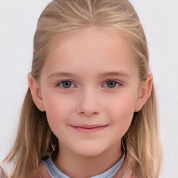 Joyful white child female with medium  brown hair and blue eyes