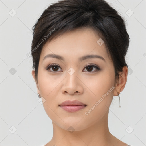 Neutral asian young-adult female with short  brown hair and brown eyes