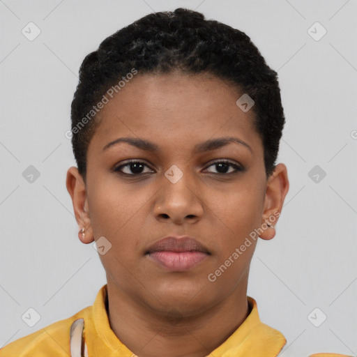 Neutral black young-adult female with short  brown hair and brown eyes