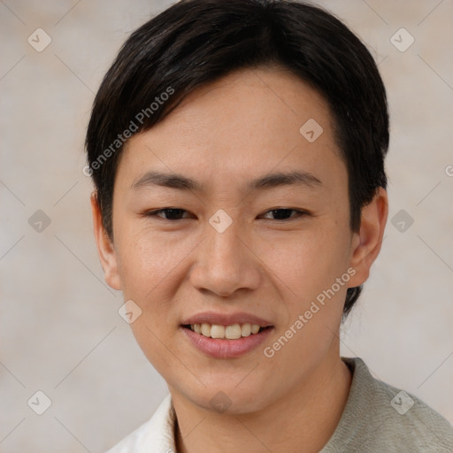 Joyful asian young-adult female with short  brown hair and brown eyes