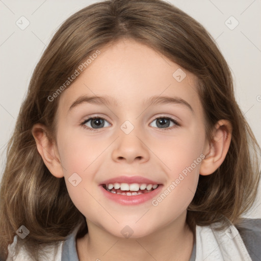 Joyful white child female with medium  brown hair and brown eyes