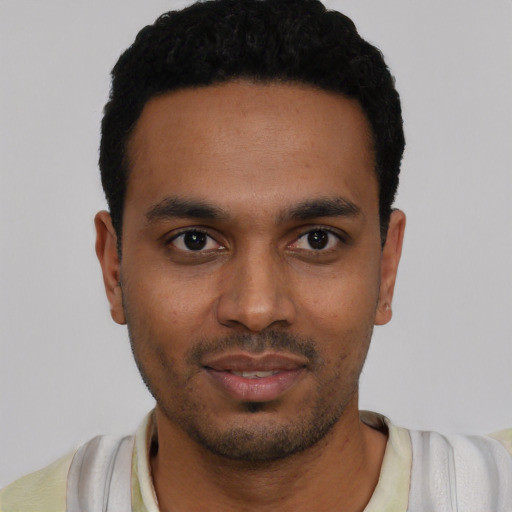 Neutral black young-adult male with short  black hair and brown eyes