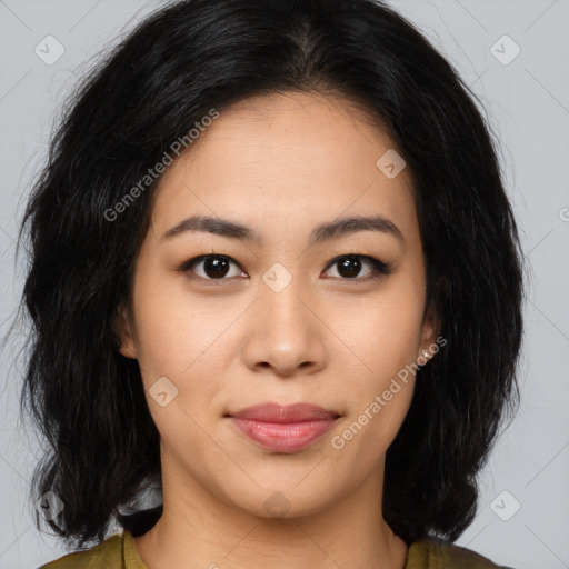 Joyful asian young-adult female with medium  brown hair and brown eyes