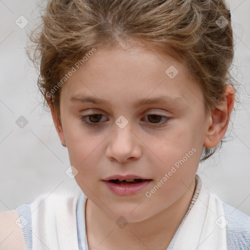 Joyful white child female with short  brown hair and brown eyes