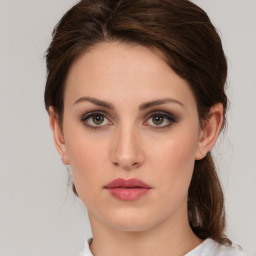 Neutral white young-adult female with medium  brown hair and brown eyes