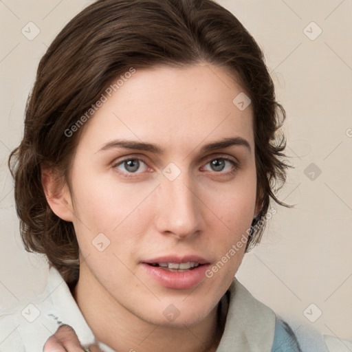 Neutral white young-adult female with medium  brown hair and grey eyes