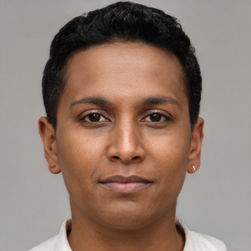 Neutral black young-adult male with short  brown hair and brown eyes