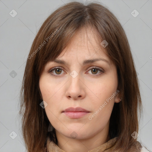 Neutral white young-adult female with medium  brown hair and brown eyes