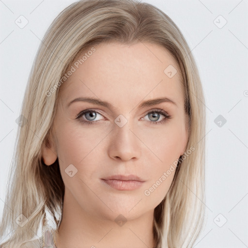 Neutral white young-adult female with long  brown hair and grey eyes