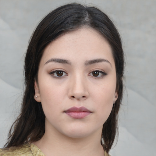 Neutral white young-adult female with medium  black hair and brown eyes