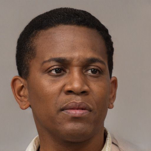 Neutral black young-adult male with short  brown hair and brown eyes