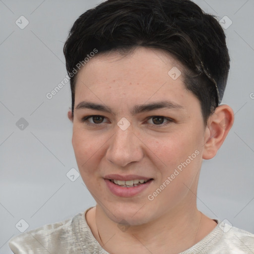 Joyful white young-adult female with short  brown hair and grey eyes