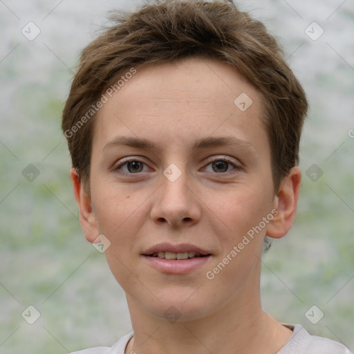 Joyful white young-adult female with short  brown hair and grey eyes