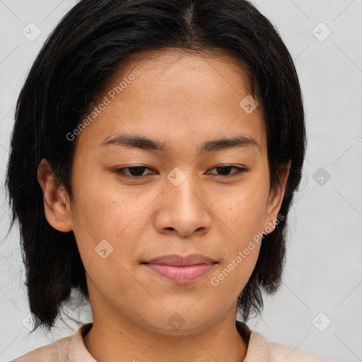 Joyful asian young-adult female with medium  brown hair and brown eyes