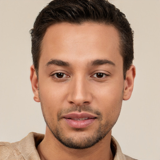 Joyful white young-adult male with short  brown hair and brown eyes