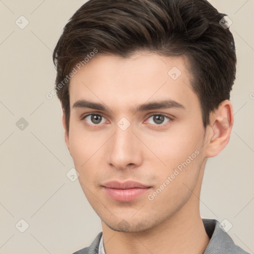 Neutral white young-adult male with short  brown hair and brown eyes