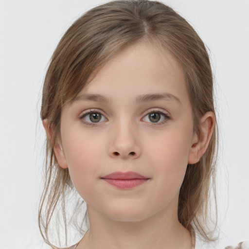 Neutral white child female with medium  brown hair and grey eyes