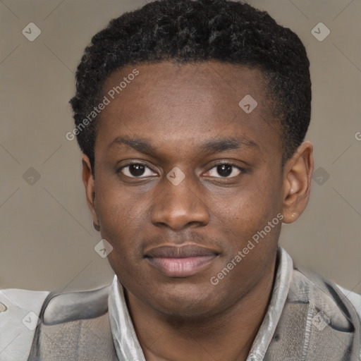 Joyful latino young-adult male with short  brown hair and brown eyes