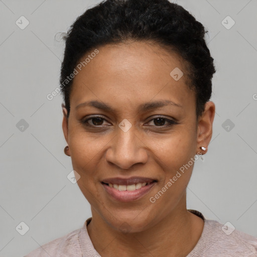 Joyful latino young-adult female with short  black hair and brown eyes